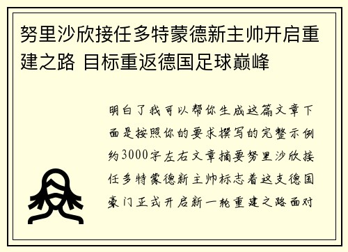 努里沙欣接任多特蒙德新主帅开启重建之路 目标重返德国足球巅峰