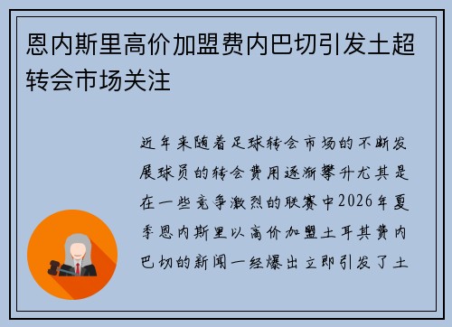 恩内斯里高价加盟费内巴切引发土超转会市场关注