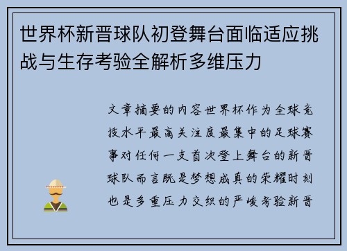 世界杯新晋球队初登舞台面临适应挑战与生存考验全解析多维压力